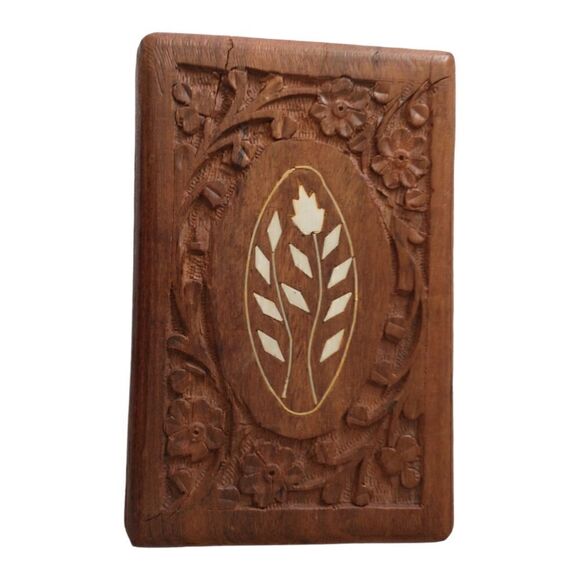 Hand Carved Wood Trinket Box Inlaid MOP Abalone Jewelry Vintage Hinged Bohemian. - Picture 6 of 15